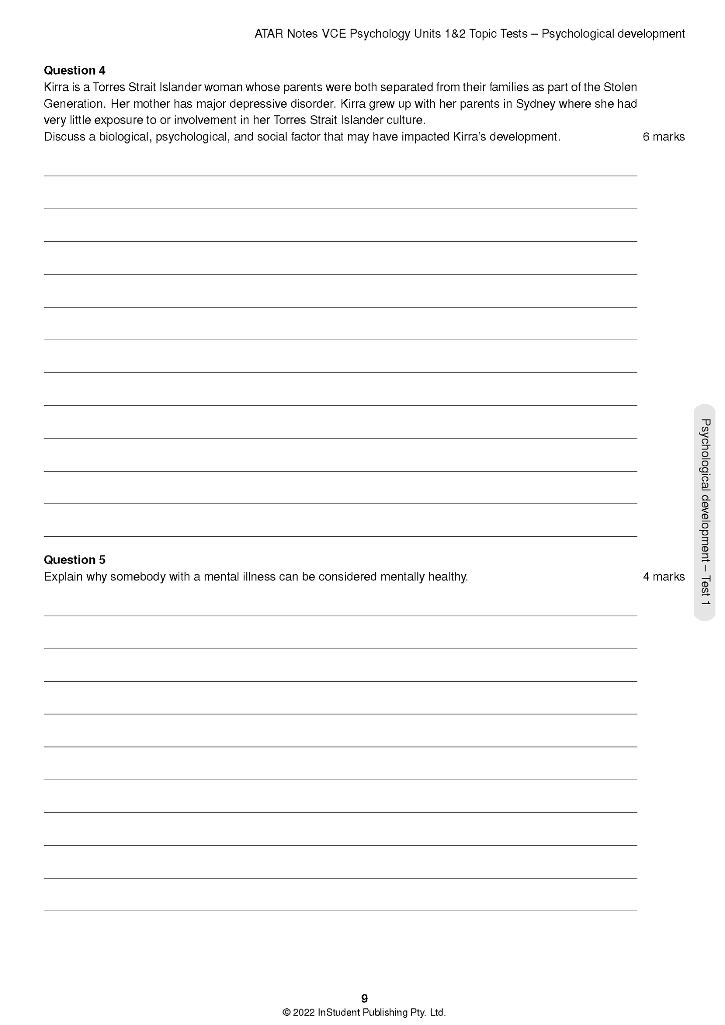 Psychology topic tests by ATAR Notes, displaying an open page with questions on psychological development and blank answer lines.
