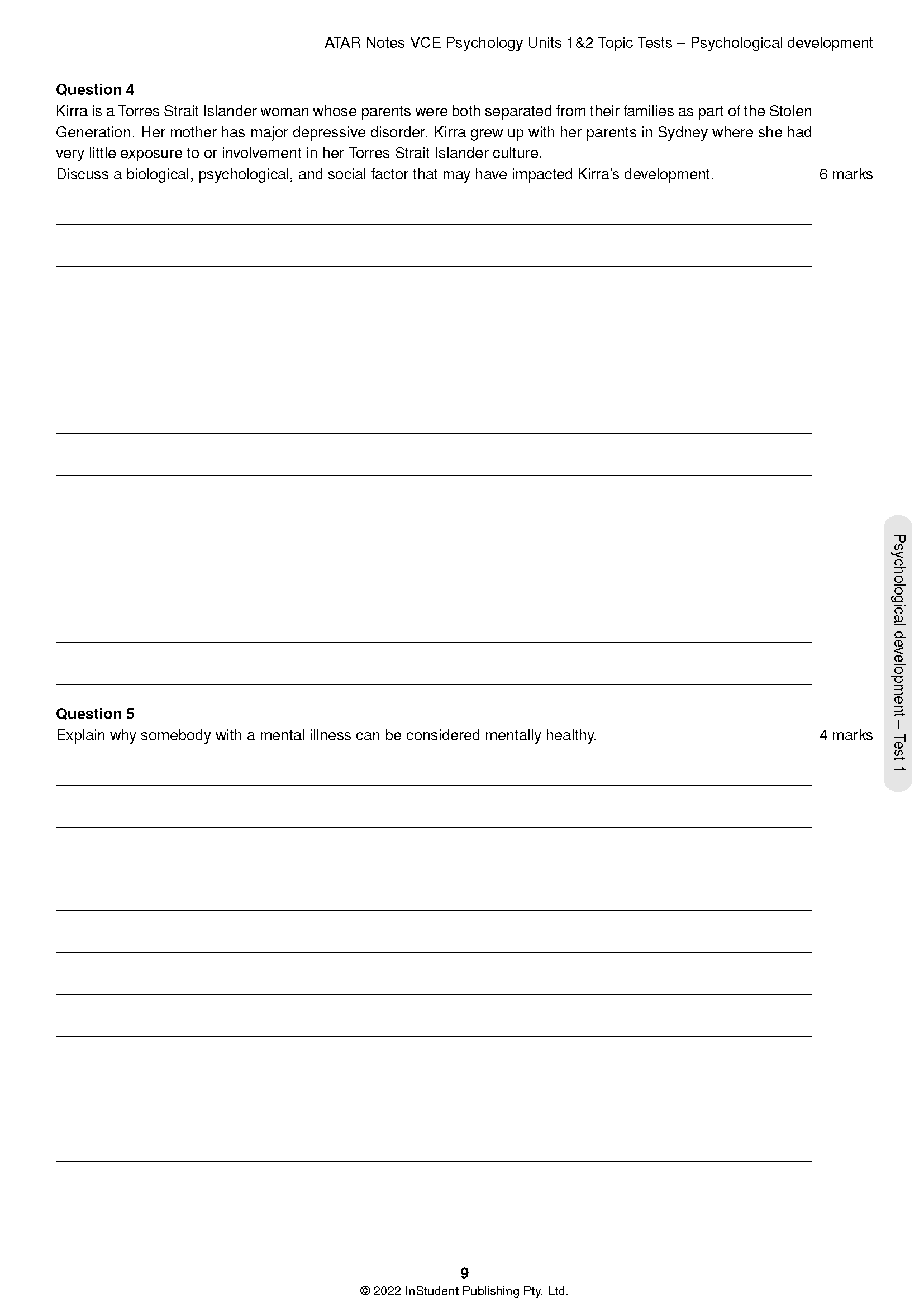 Psychology topic tests by ATAR Notes, displaying an open page with questions on psychological development and blank answer lines.