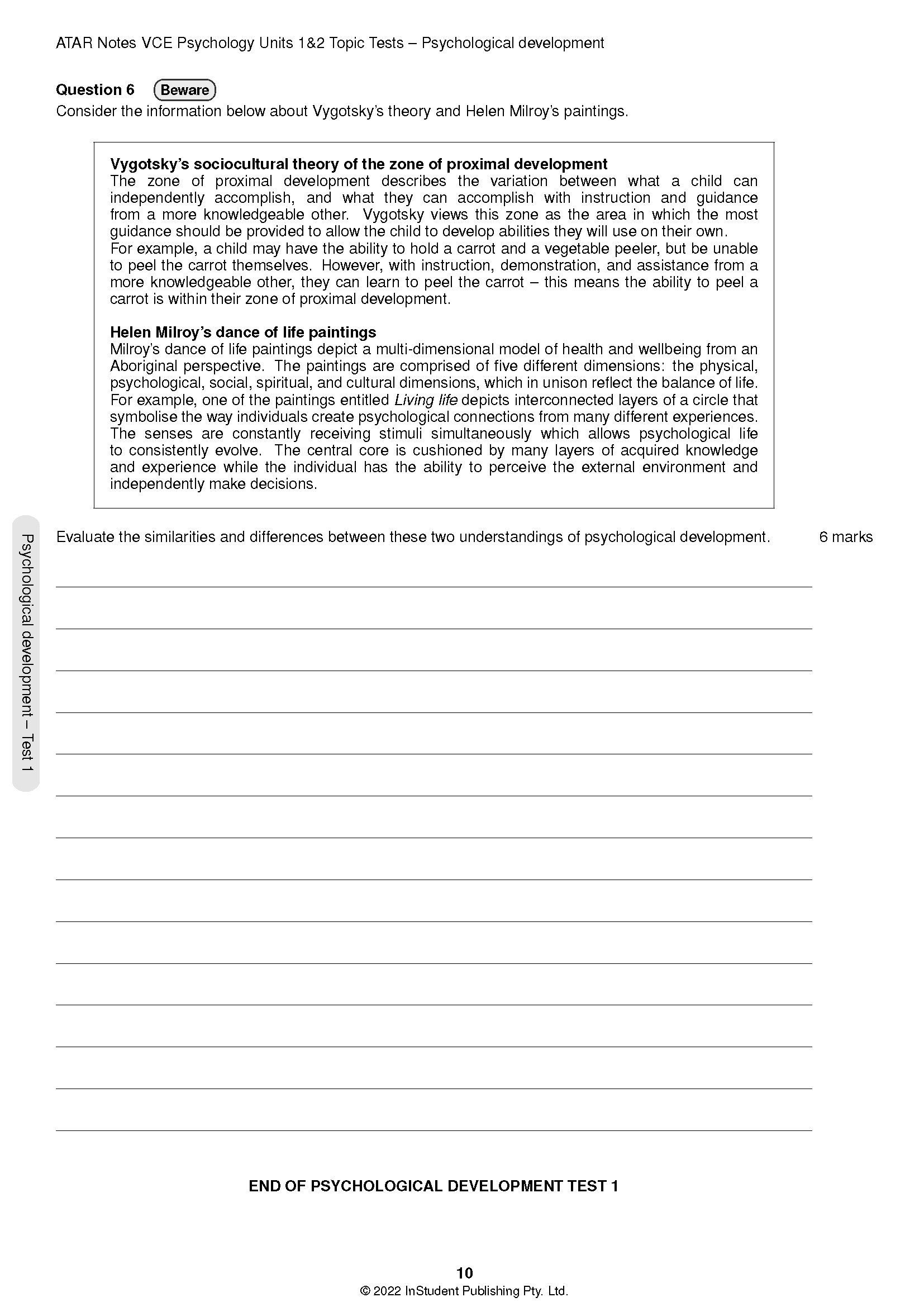 Psychology topic test page by ATAR Notes, showing Question 6 with text on Vygotsky and Milroy, and ruled answer lines.
