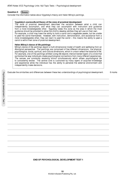 Psychology topic test page by ATAR Notes, showing Question 6 with text on Vygotsky and Milroy, and ruled answer lines.
