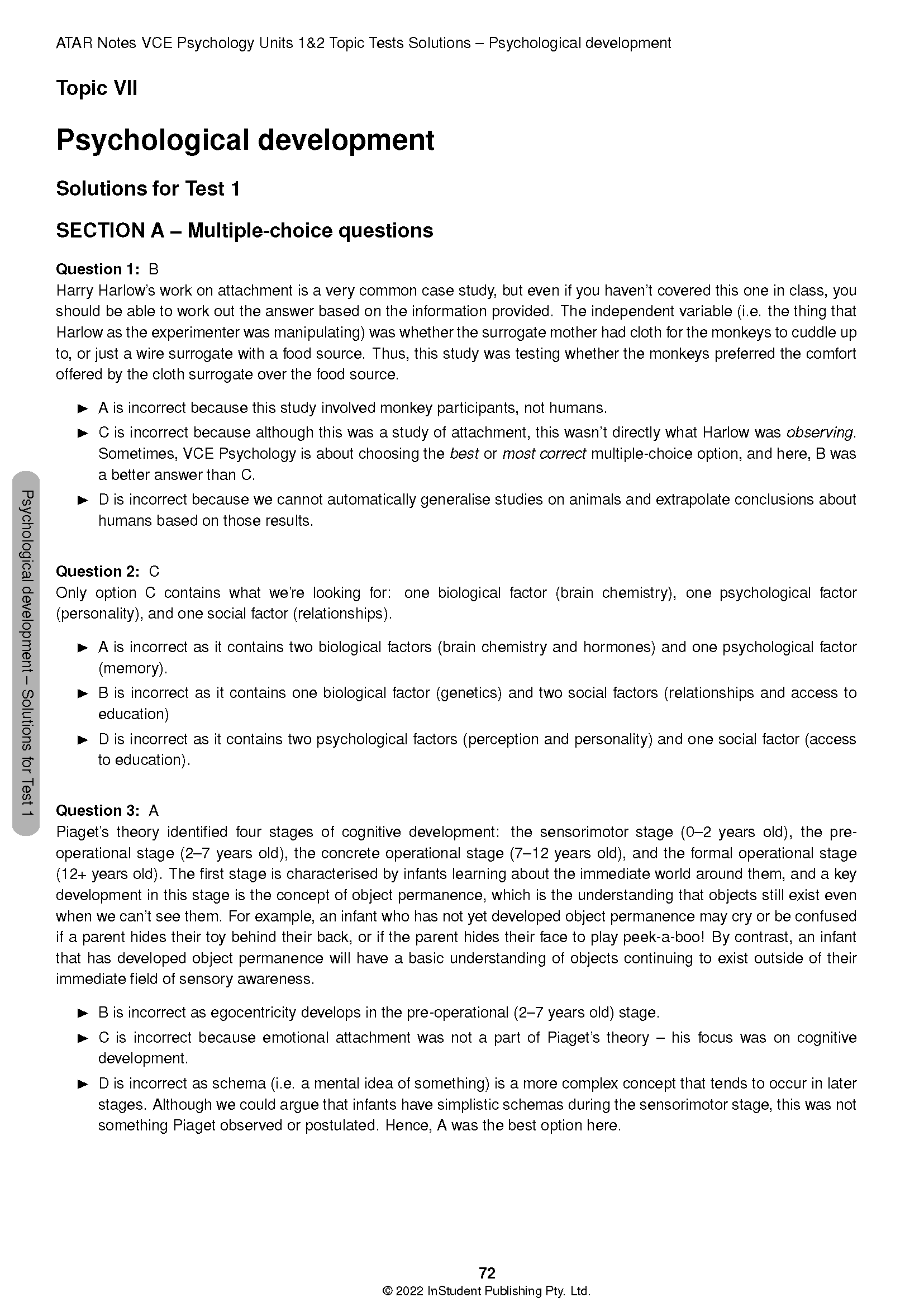 White page of Topic Tests by ATAR Notes, displaying multiple-choice questions and solutions for psychological development.