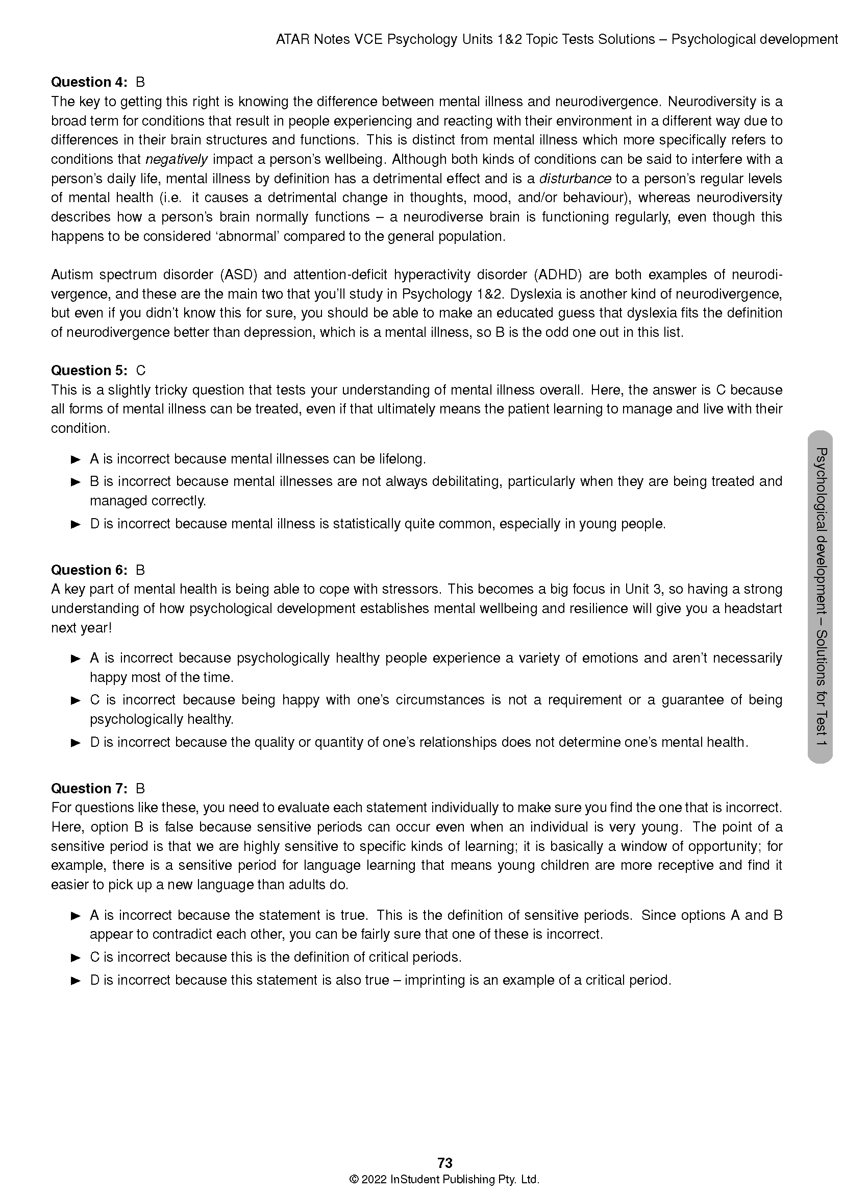 White VCE Psychology Topic Test page by ATAR Notes, showing questions, answers, and headings in black text.