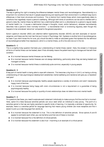 White VCE Psychology Topic Test page by ATAR Notes, showing questions, answers, and headings in black text.