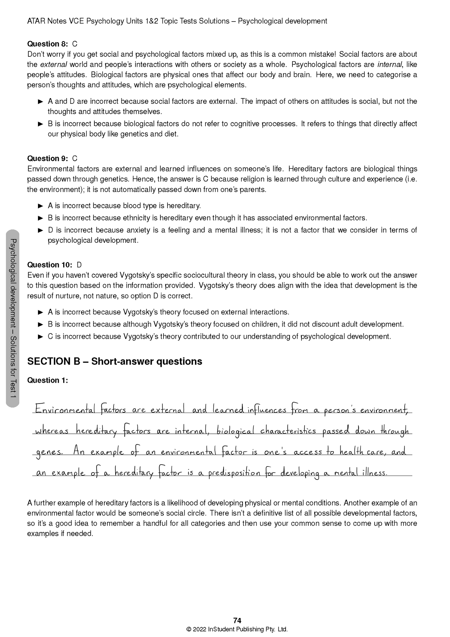 VCE Psychology 1&2 Topic Tests by ATAR Notes, showing a solutions page with printed questions, answers, and handwritten notes.