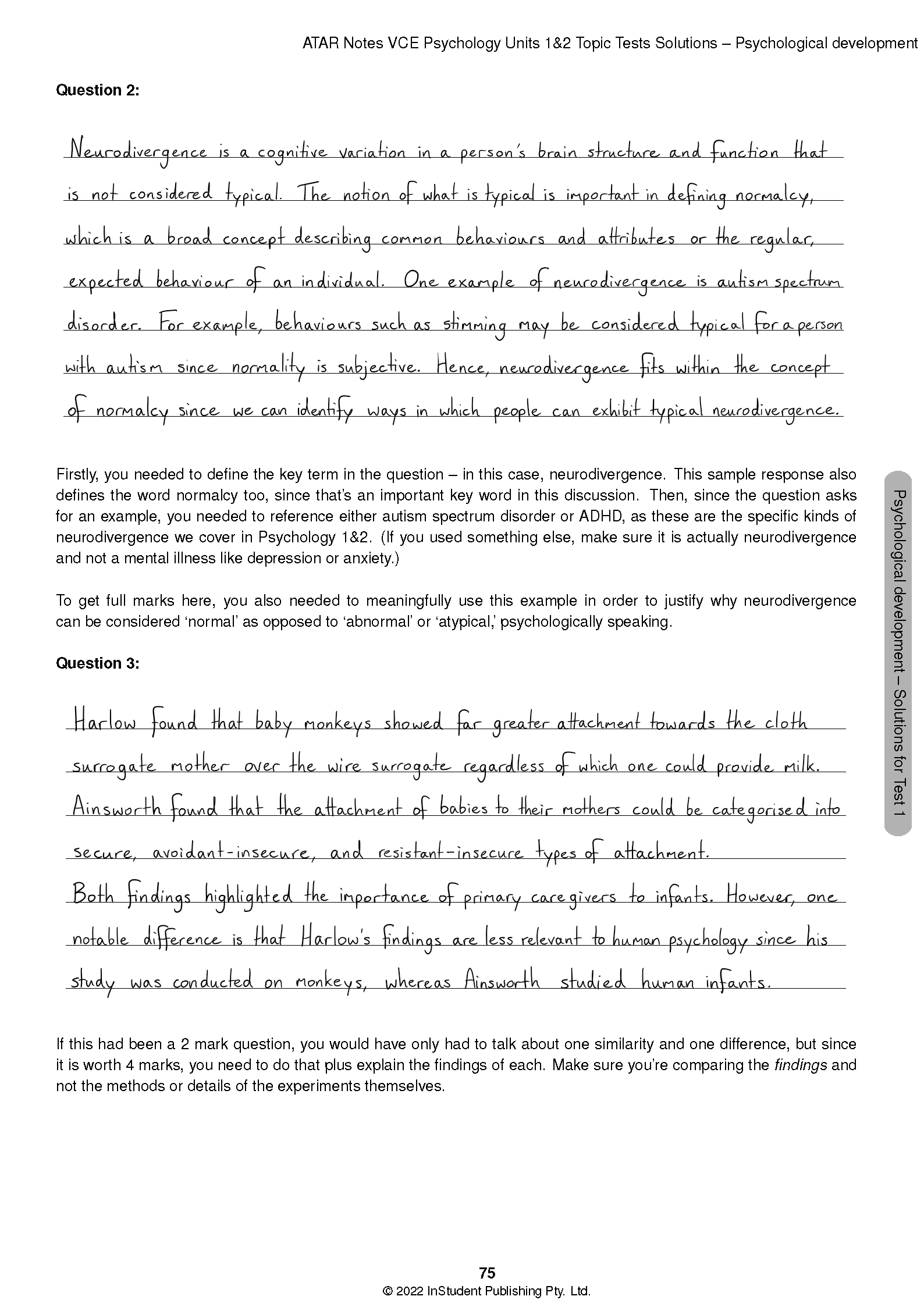 VCE Psychology Topic Tests by ATAR Notes, a sample solutions page with handwritten and typed explanations for questions.