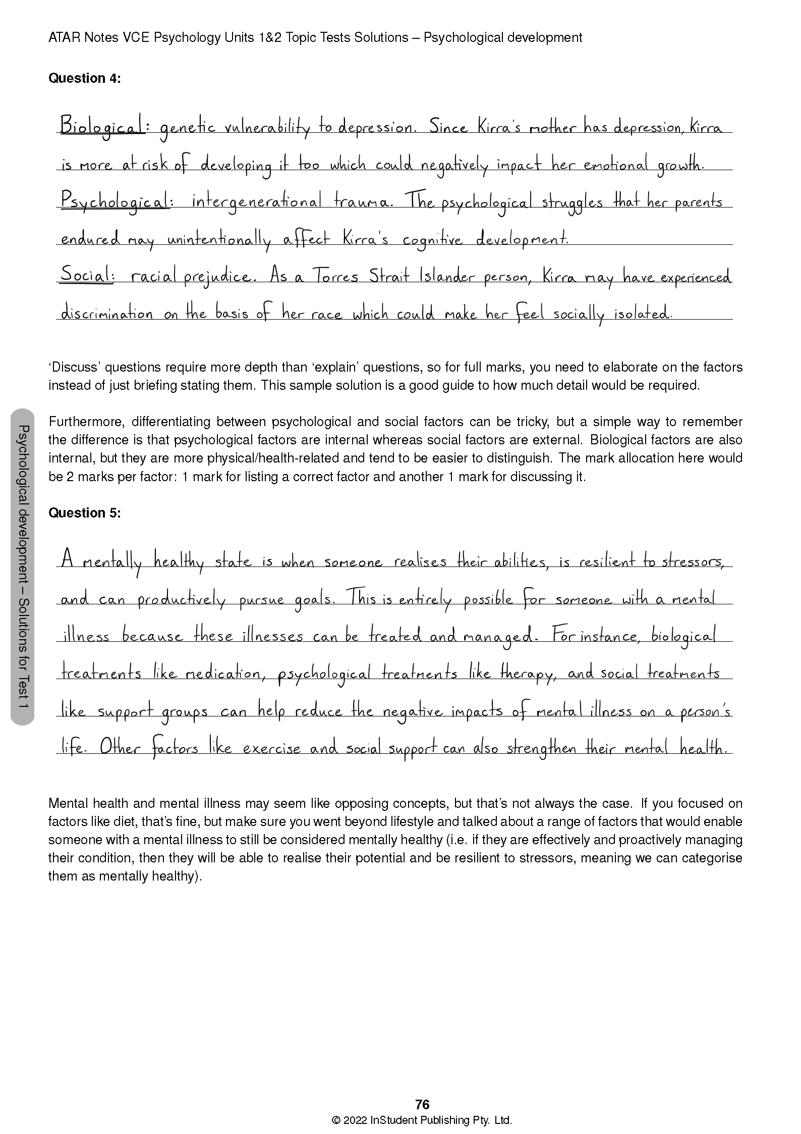 VCE Psychology 1&2 Topic Tests Solutions by ATAR Notes, displaying page 76 with handwritten answers for psychological development.