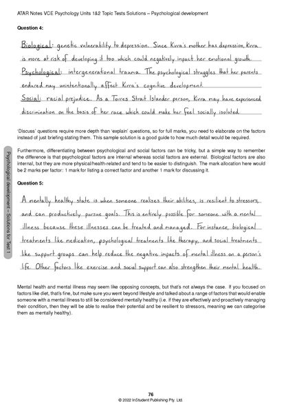 VCE Psychology 1&2 Topic Tests Solutions by ATAR Notes, displaying page 76 with handwritten answers for psychological development.