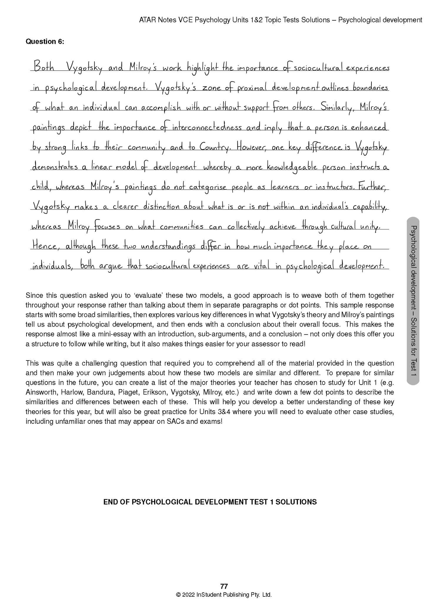 Psychology Topic Tests solution page by ATAR Notes with handwritten answers and typed notes on psychological development.
