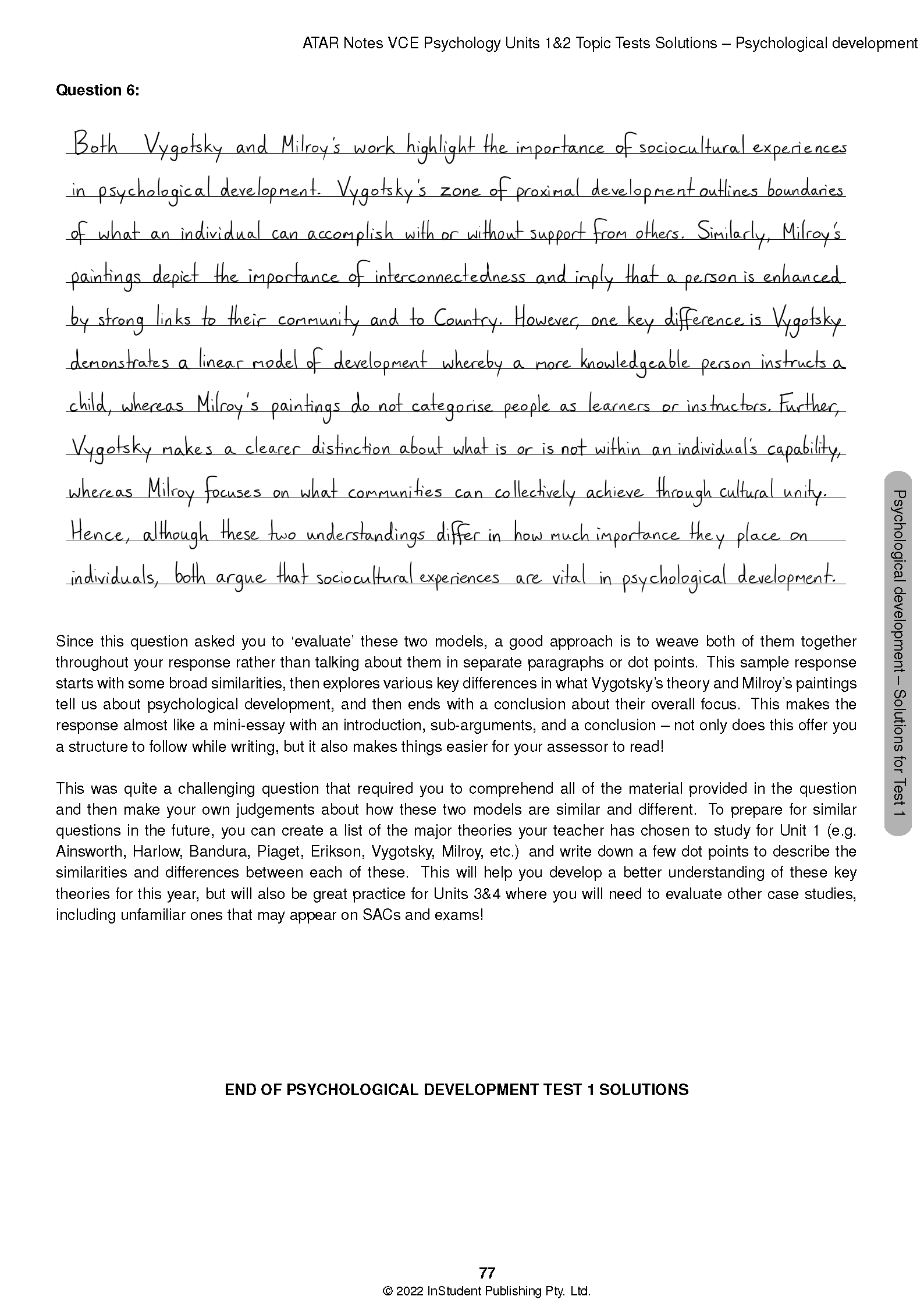 Psychology Topic Tests solution page by ATAR Notes with handwritten answers and typed notes on psychological development.