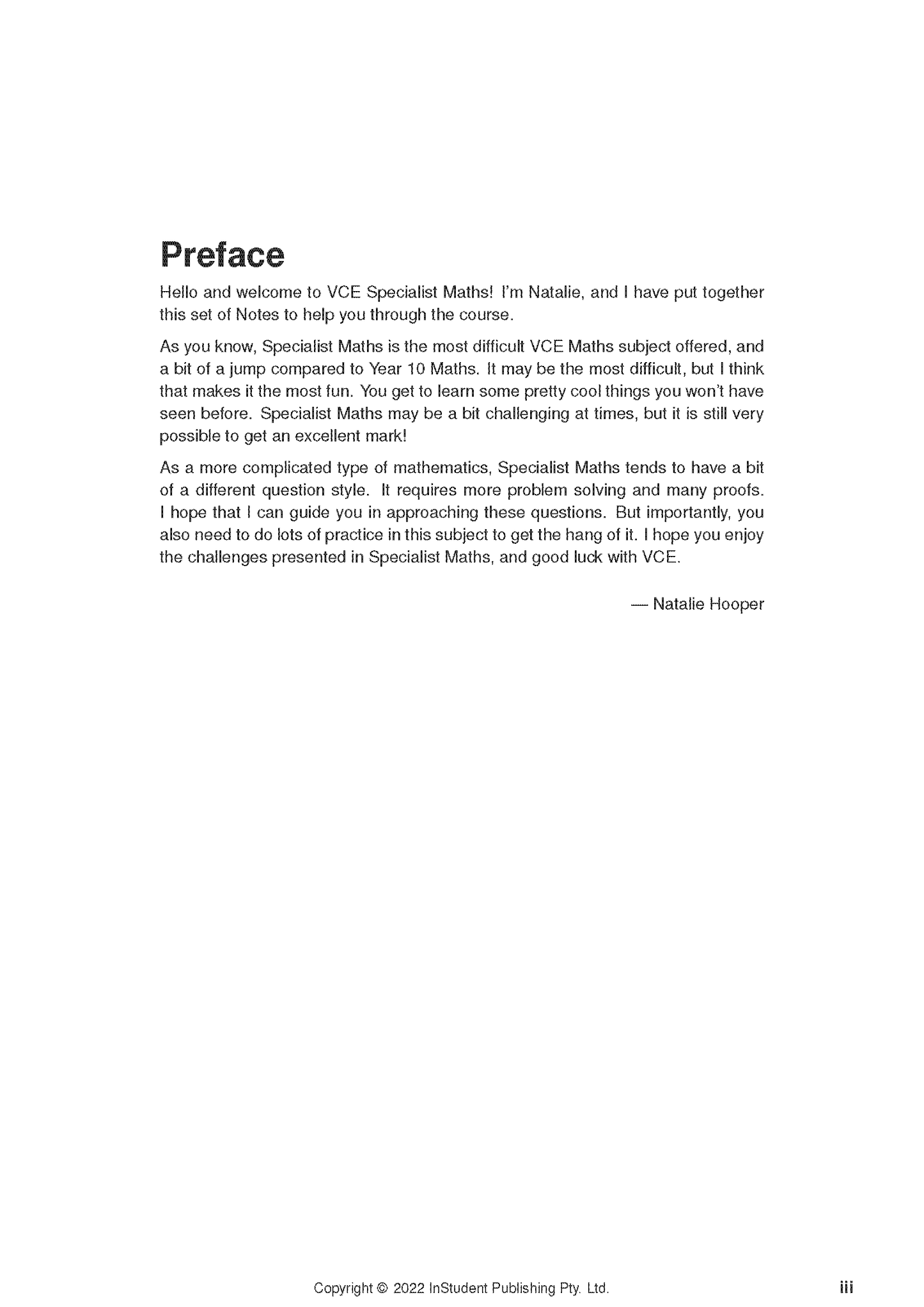 VCE Specialist Maths Complete Course Notes by ATAR Notes, featuring a white page with a 'Preface' title and an introductory message signed by Natalie Hooper.