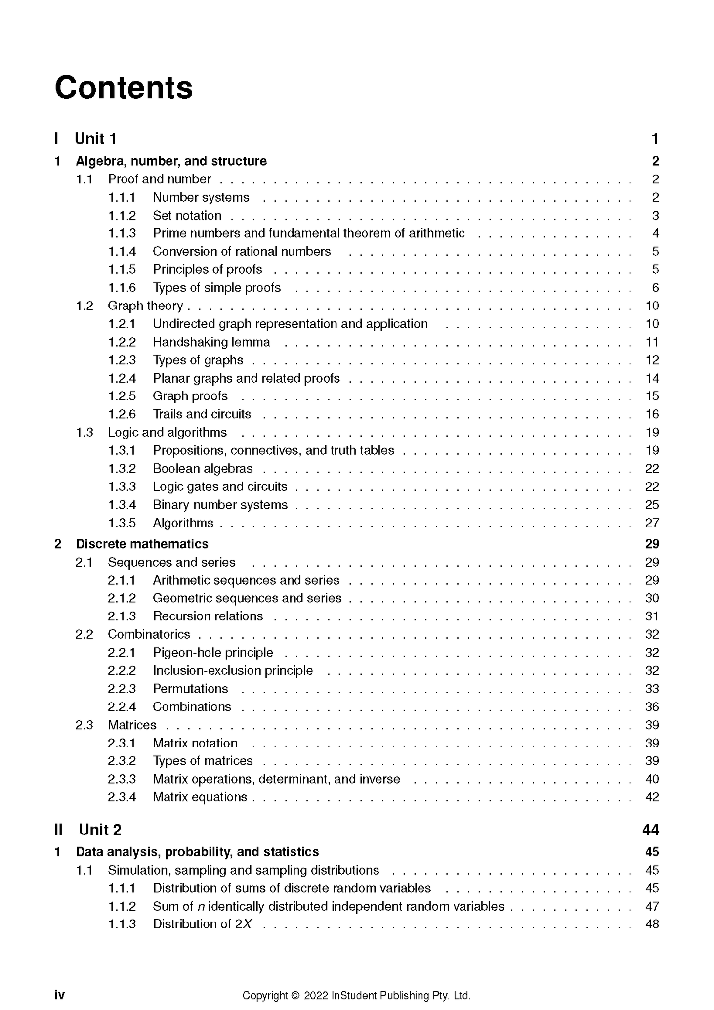 VCE Specialist Maths 1&2 Complete Course Notes for 2024-2026 by ATAR Notes, showing an open contents page with Unit 1 and Unit 2 topics.