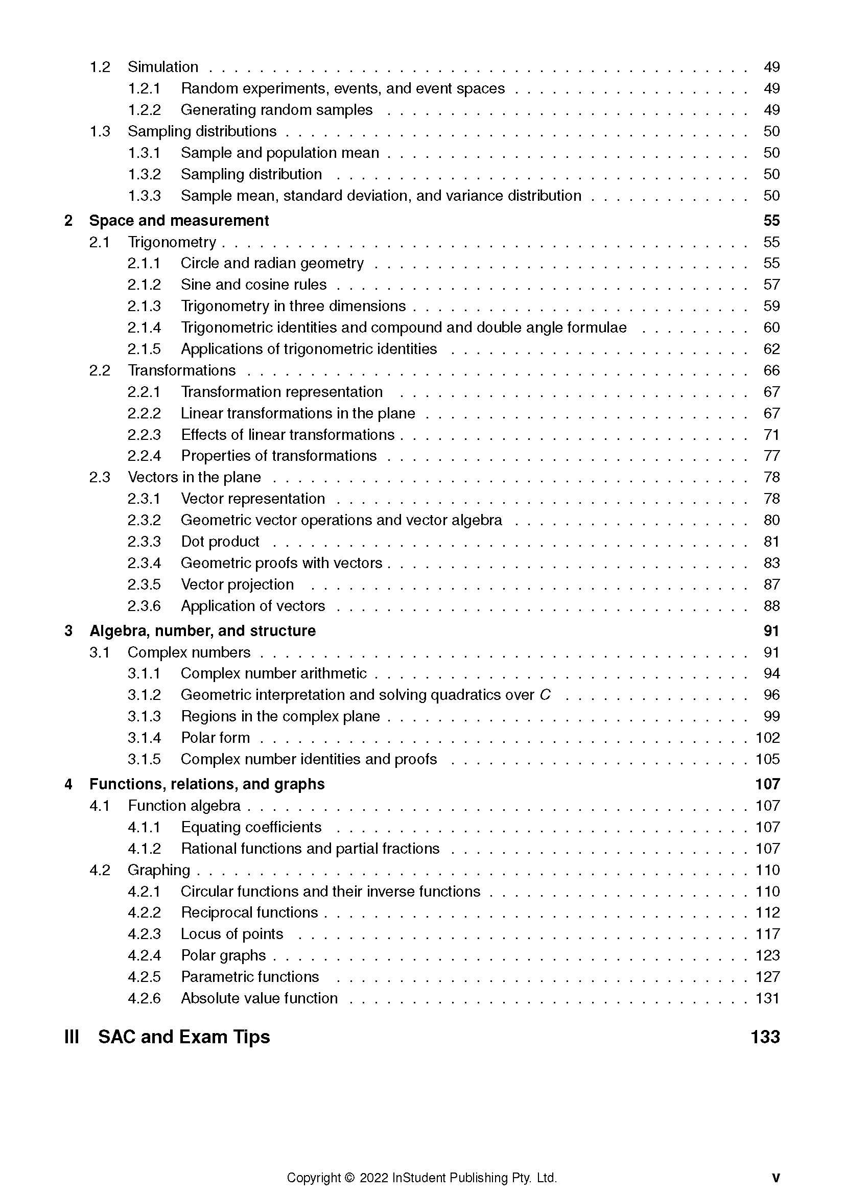 Course Notes for VCE Specialist Maths 1&2 by ATAR Notes, displaying the detailed table of contents with chapters.