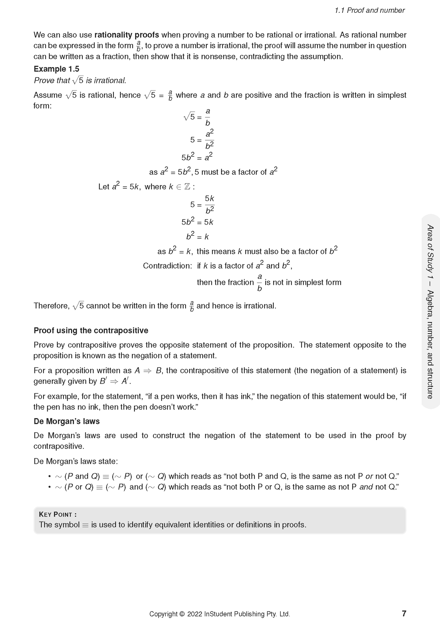 VCE Specialist Maths 1&2 Complete Course Notes by ATAR Notes, showing a page with rationality proofs and De Morgan's laws.