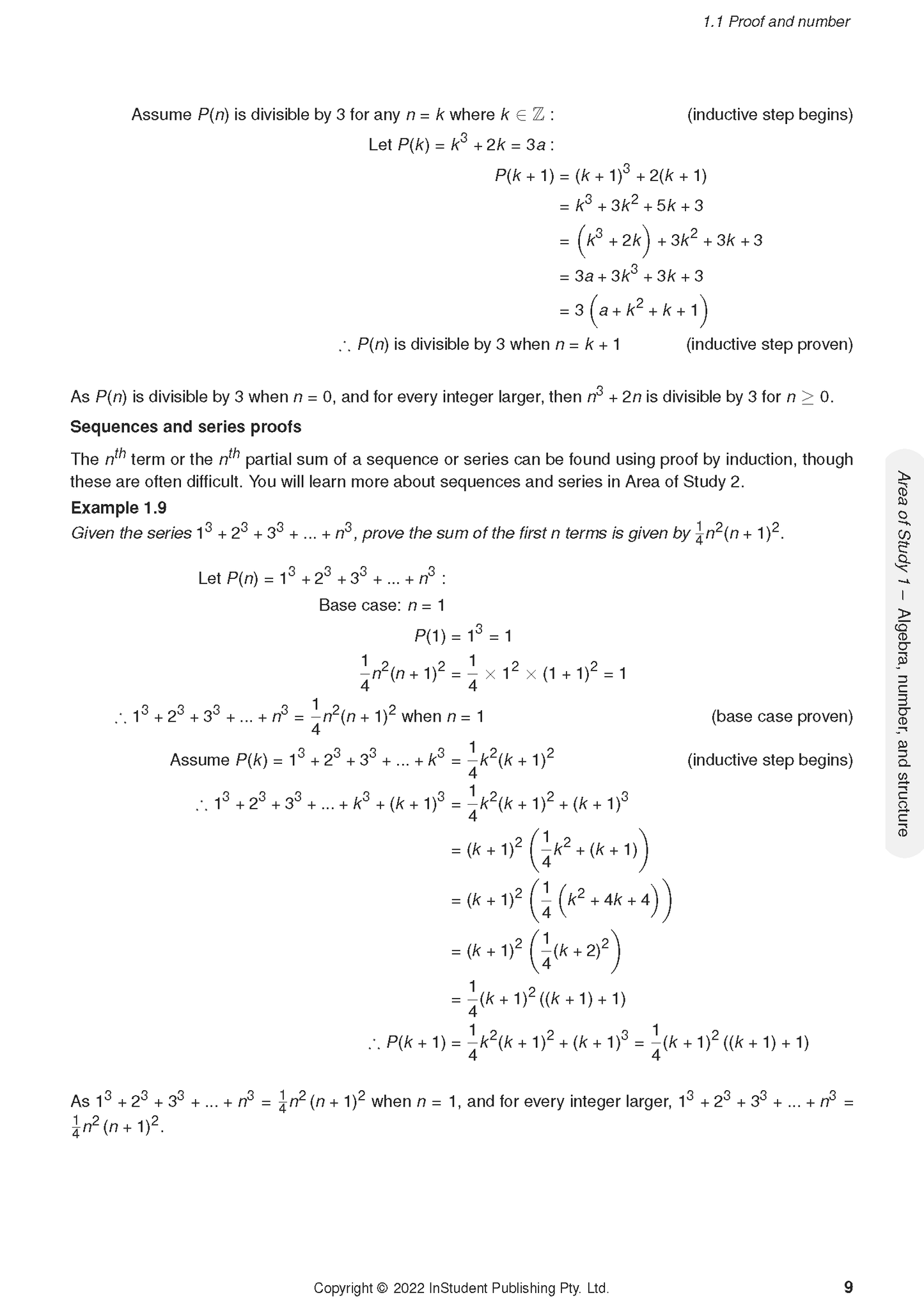 White page of course notes by ATAR Notes, displaying mathematical proofs by induction for divisibility and series.