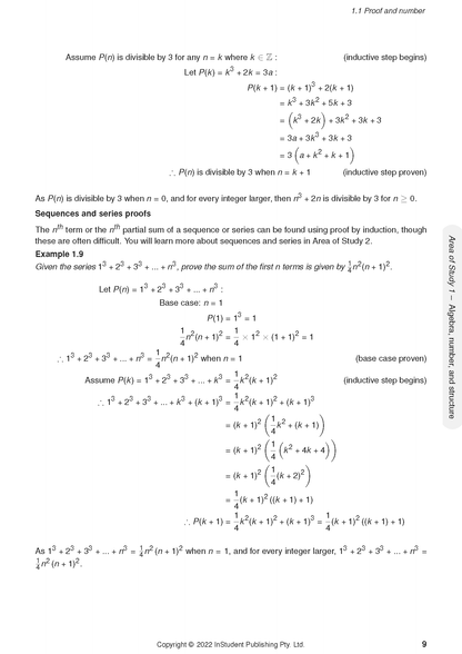 White page of course notes by ATAR Notes, displaying mathematical proofs by induction for divisibility and series.