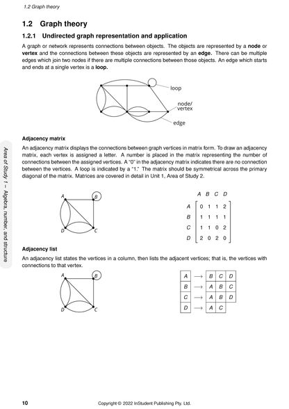 VCE Specialist Maths 1&2 Complete Course Notes (2024-2026) by ATAR Notes, showing a page on graph theory with diagrams and matrices.