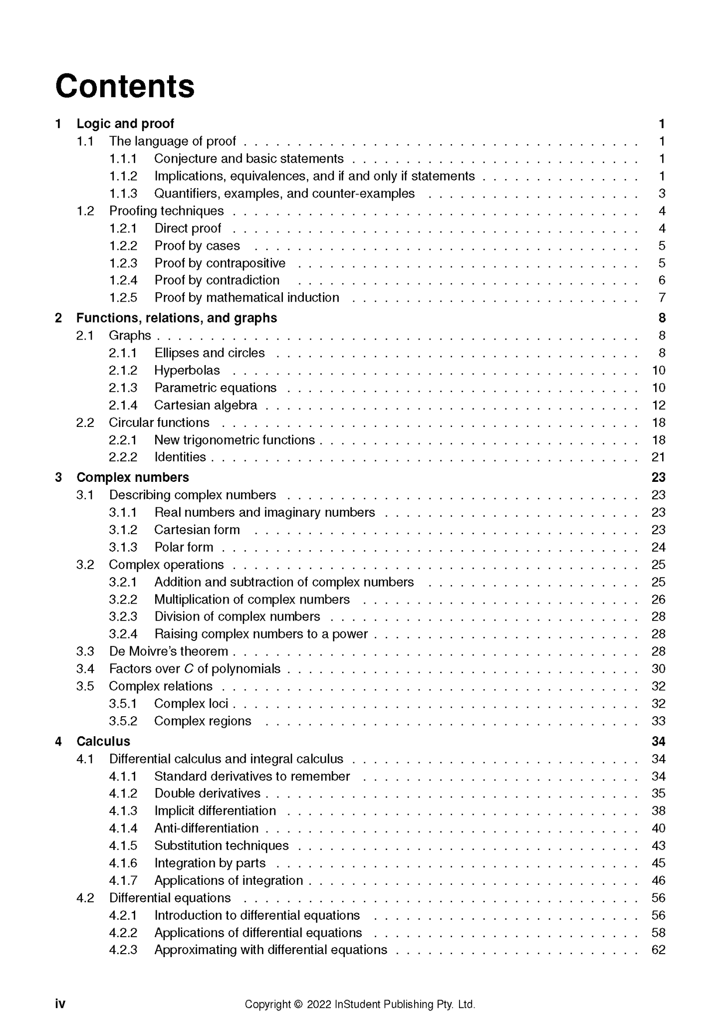 Specialist Maths 3&4 Complete Course Notes by ATAR Notes, displaying a full table of contents page with detailed chapter headings and page numbers.