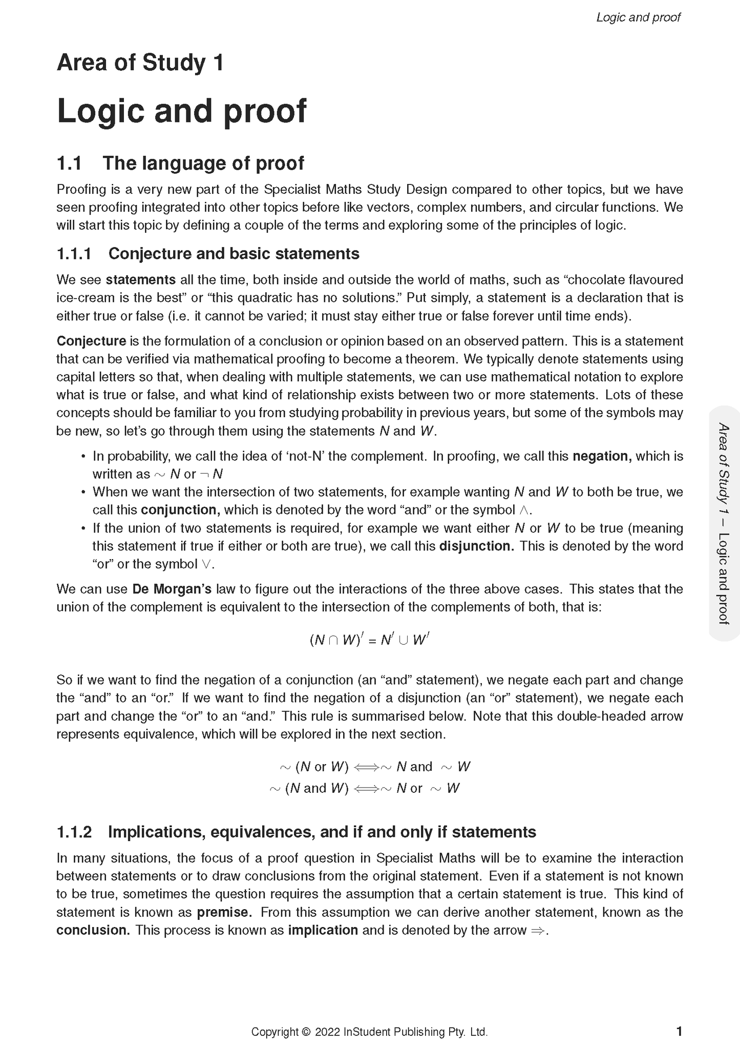 Specialist Maths Course Notes by ATAR Notes, a page showing "Logic and proof" with black text and mathematical symbols.