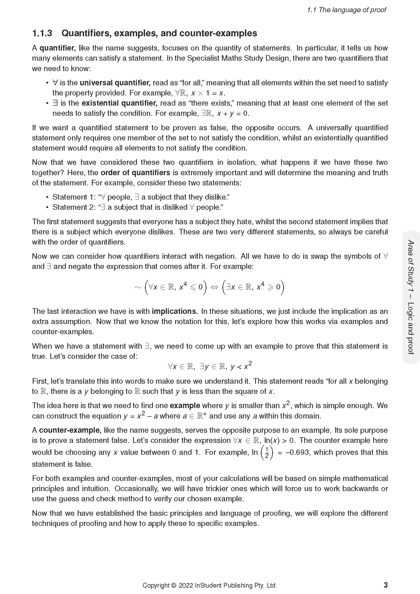 Course notes page by ATAR Notes displaying mathematical text, quantifiers, symbols, and equations related to logical proof.