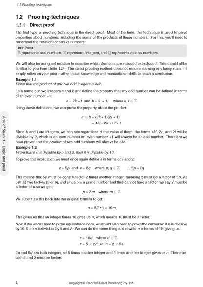 Specialist Maths Course Notes page by ATAR Notes, showing text on proofing techniques and mathematical equations.
