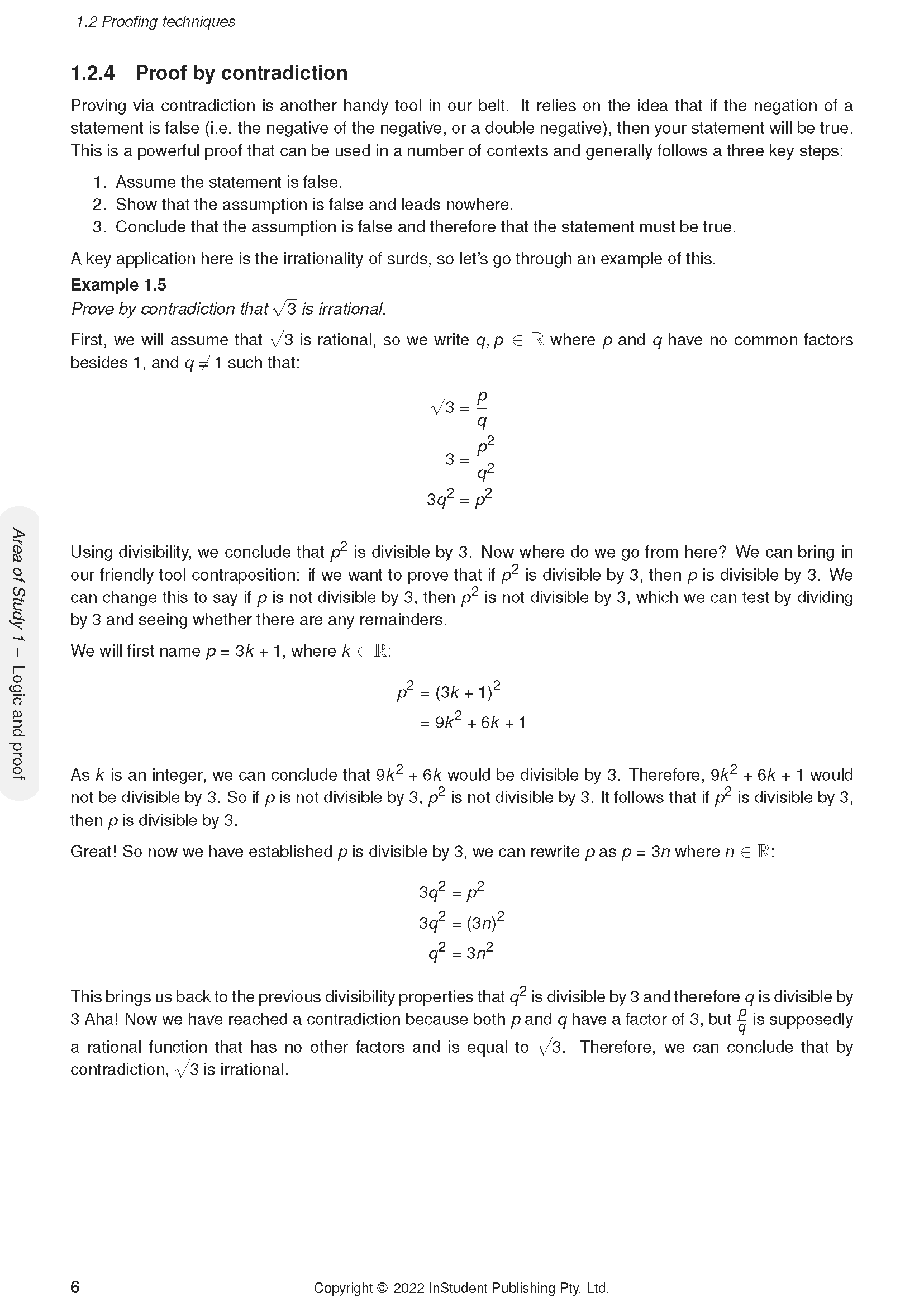 Course Notes page by ATAR Notes, displaying mathematical text and equations on proof by contradiction.