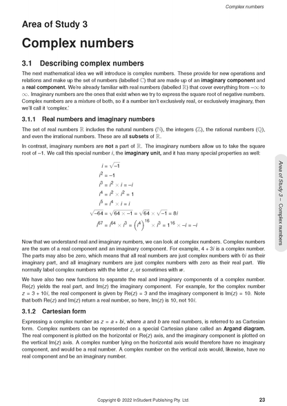 Course Notes by ATAR Notes displaying a page on complex numbers with visible equations for the imaginary unit and explanatory text.