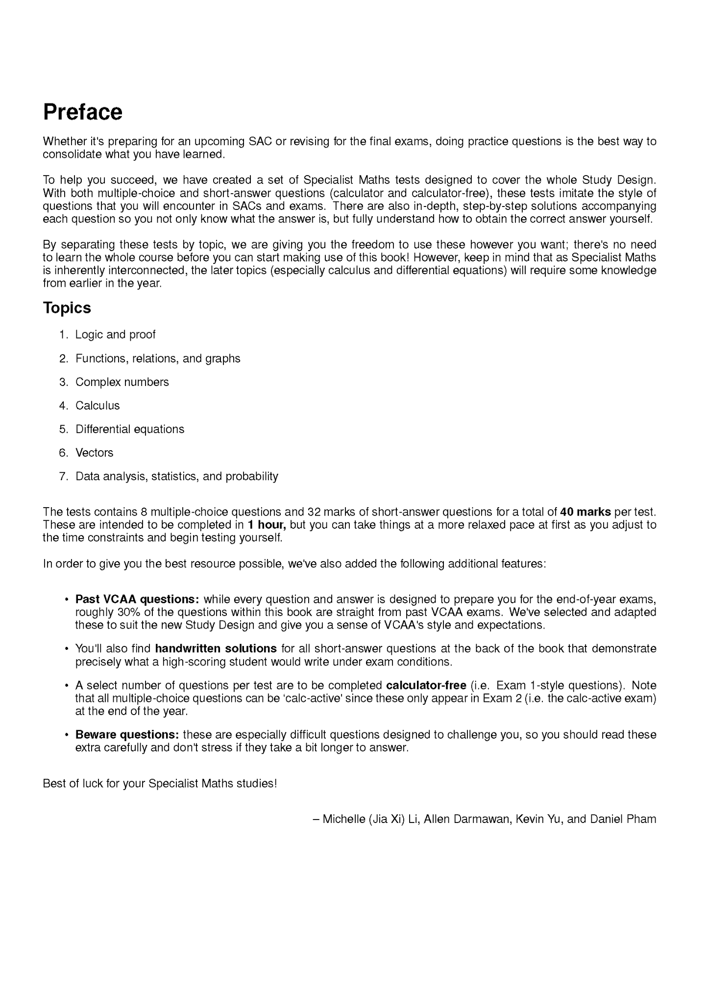VCE Specialist Maths Topic Tests by ATAR Notes, a white page with black text outlining the preface and topics.