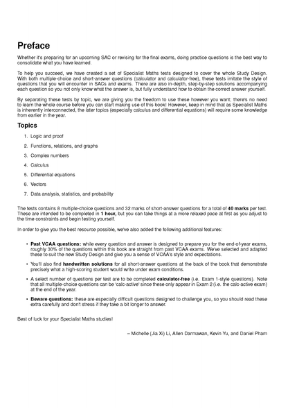VCE Specialist Maths Topic Tests by ATAR Notes, a white page with black text outlining the preface and topics.