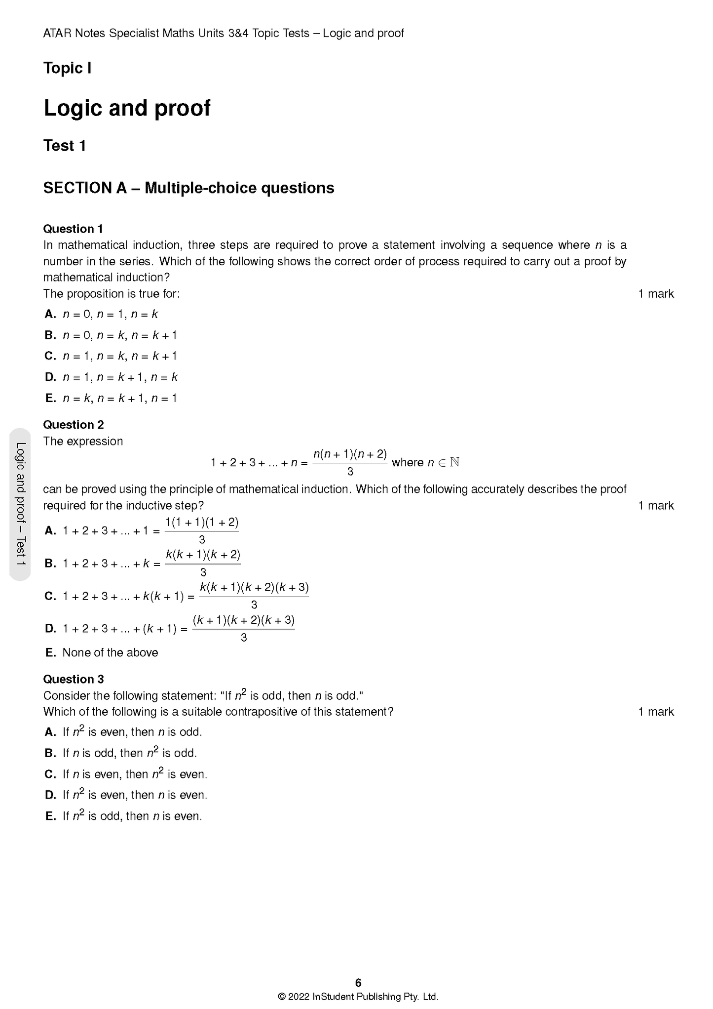Specialist Maths Topic Tests by ATAR Notes, displaying a page with multiple-choice questions on logic and proof.