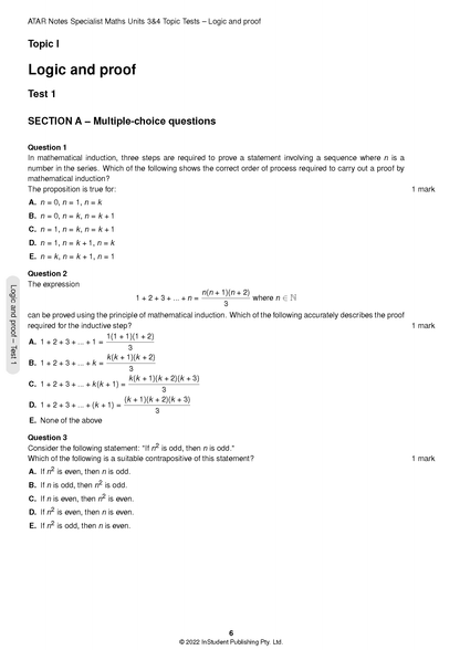 Specialist Maths Topic Tests by ATAR Notes, displaying a page with multiple-choice questions on logic and proof.