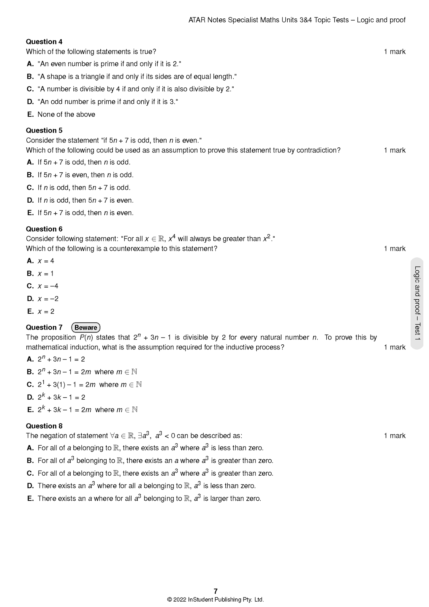 Specialist Maths Units 3&4 Topic Tests booklet page by ATAR Notes, displaying multiple-choice questions on logic and proof.