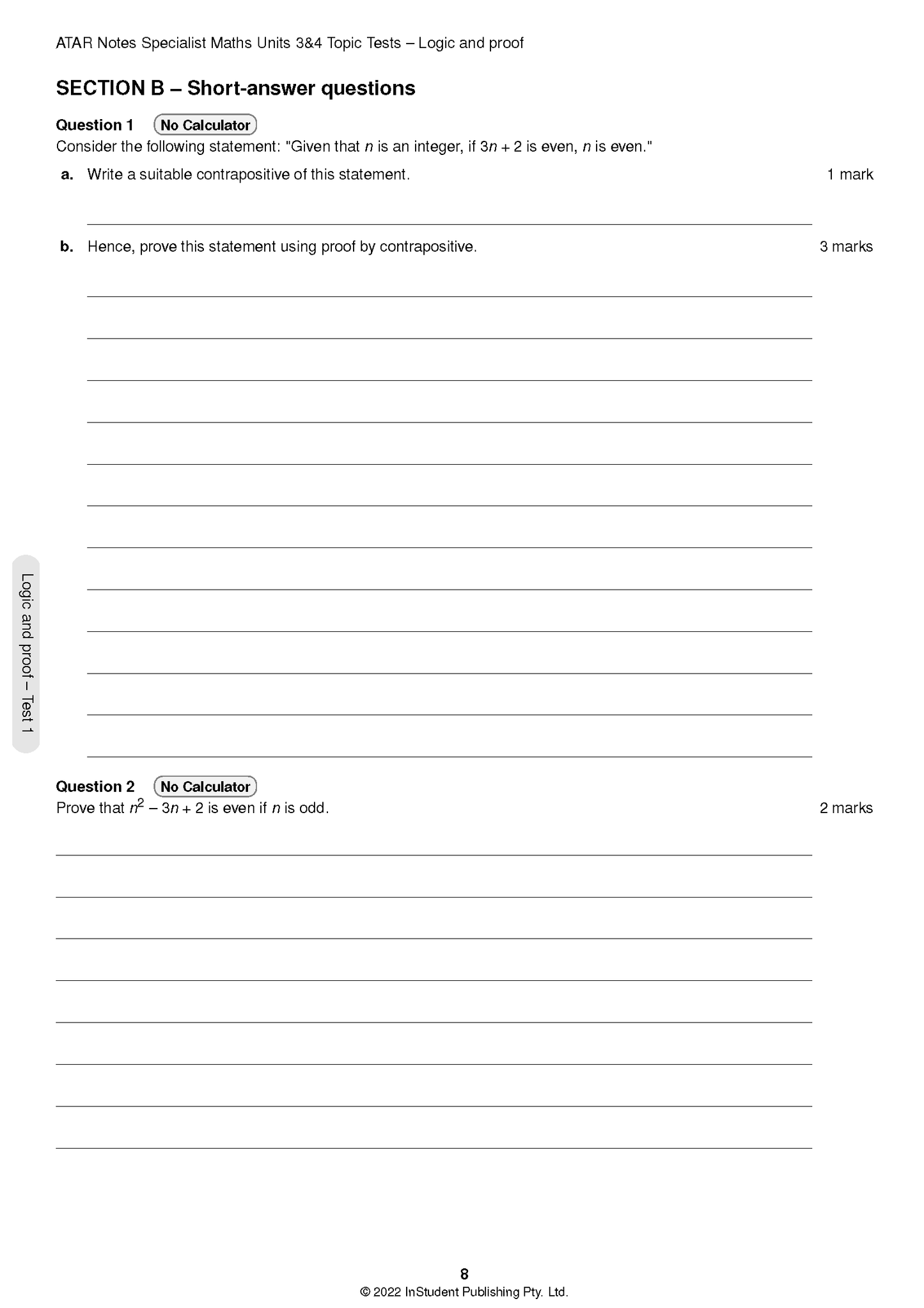 Specialist Maths Units 3&4 Topic Test page by ATAR Notes, featuring short-answer logic and proof questions.