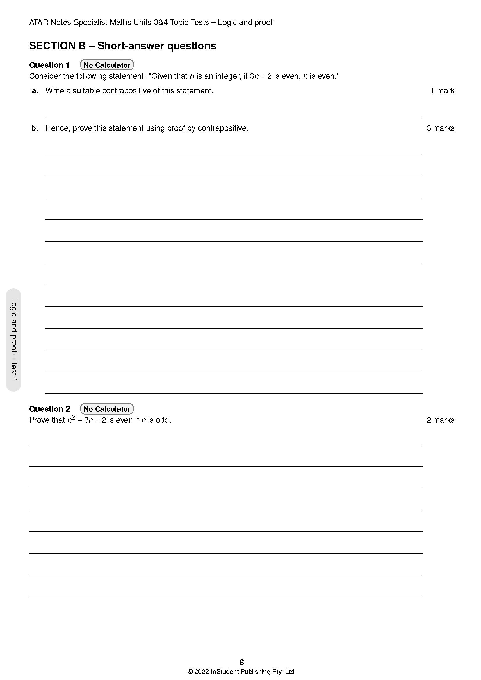 Specialist Maths Units 3&4 Topic Test page by ATAR Notes, featuring short-answer logic and proof questions.