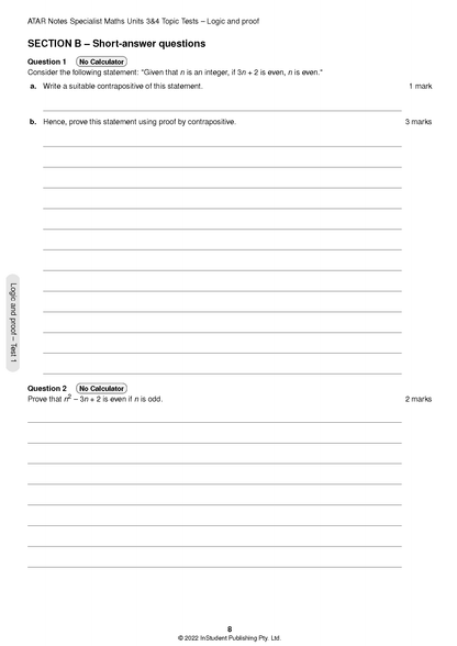 Specialist Maths Units 3&4 Topic Test page by ATAR Notes, featuring short-answer logic and proof questions.