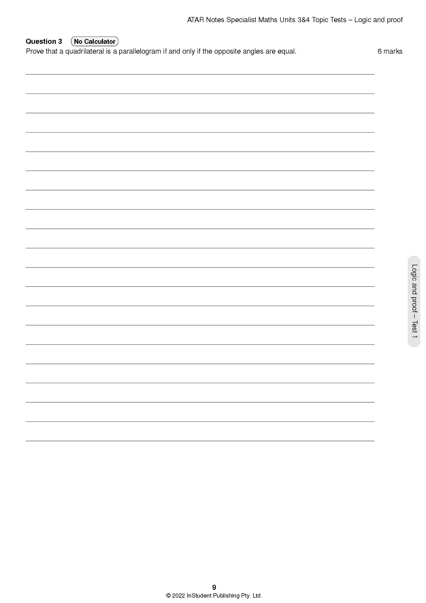 Topic test page by ATAR Notes, featuring a geometry proof question and blank answer lines.