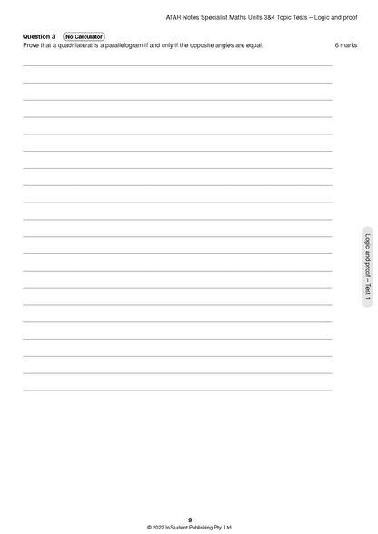 Topic test page by ATAR Notes, featuring a geometry proof question and blank answer lines.