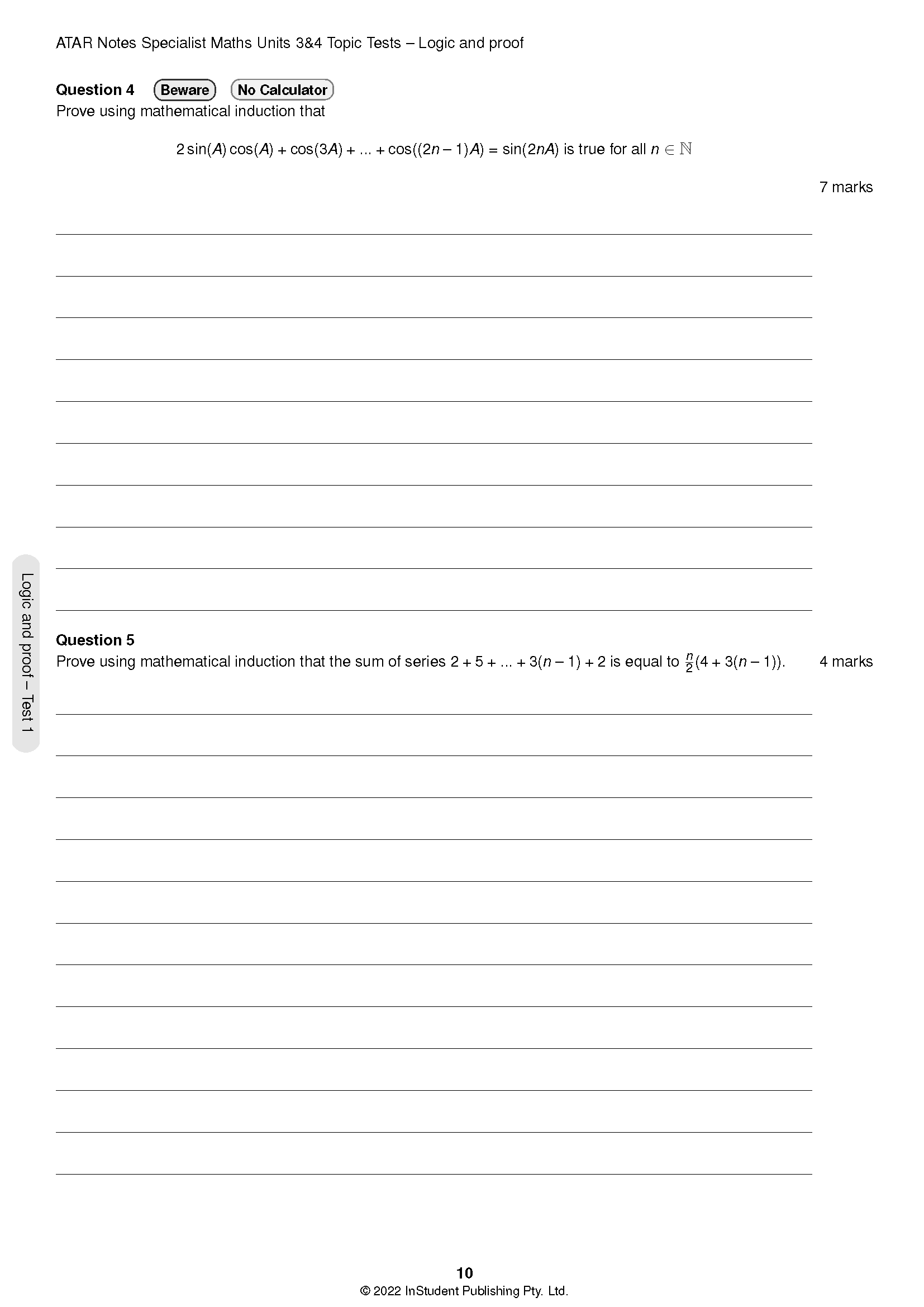 Specialist Maths Topic Test page by ATAR Notes, with two mathematical induction problems.