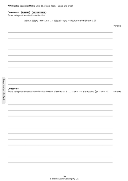 Specialist Maths Topic Test page by ATAR Notes, with two mathematical induction problems.
