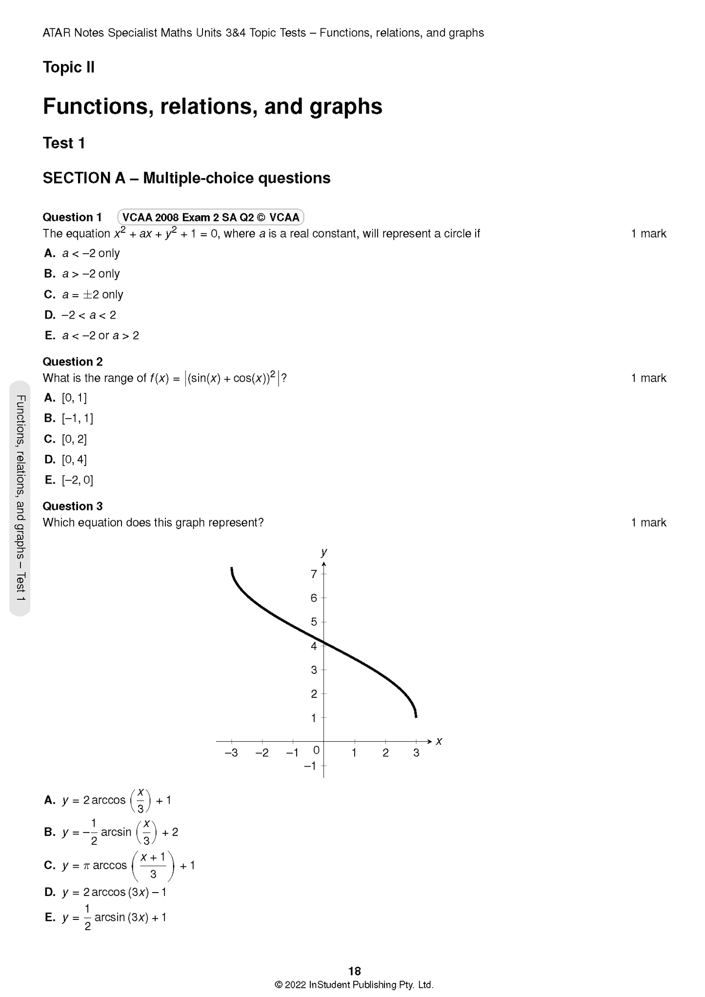 Specialist Maths Topic Tests page by ATAR Notes, showing multiple-choice questions, equations, and a graph.