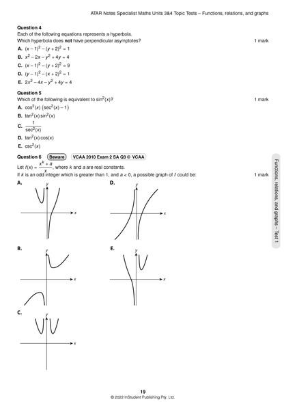 A page from a Specialist Maths Topic Test by ATAR Notes, featuring multiple-choice questions with mathematical equations and graphs.