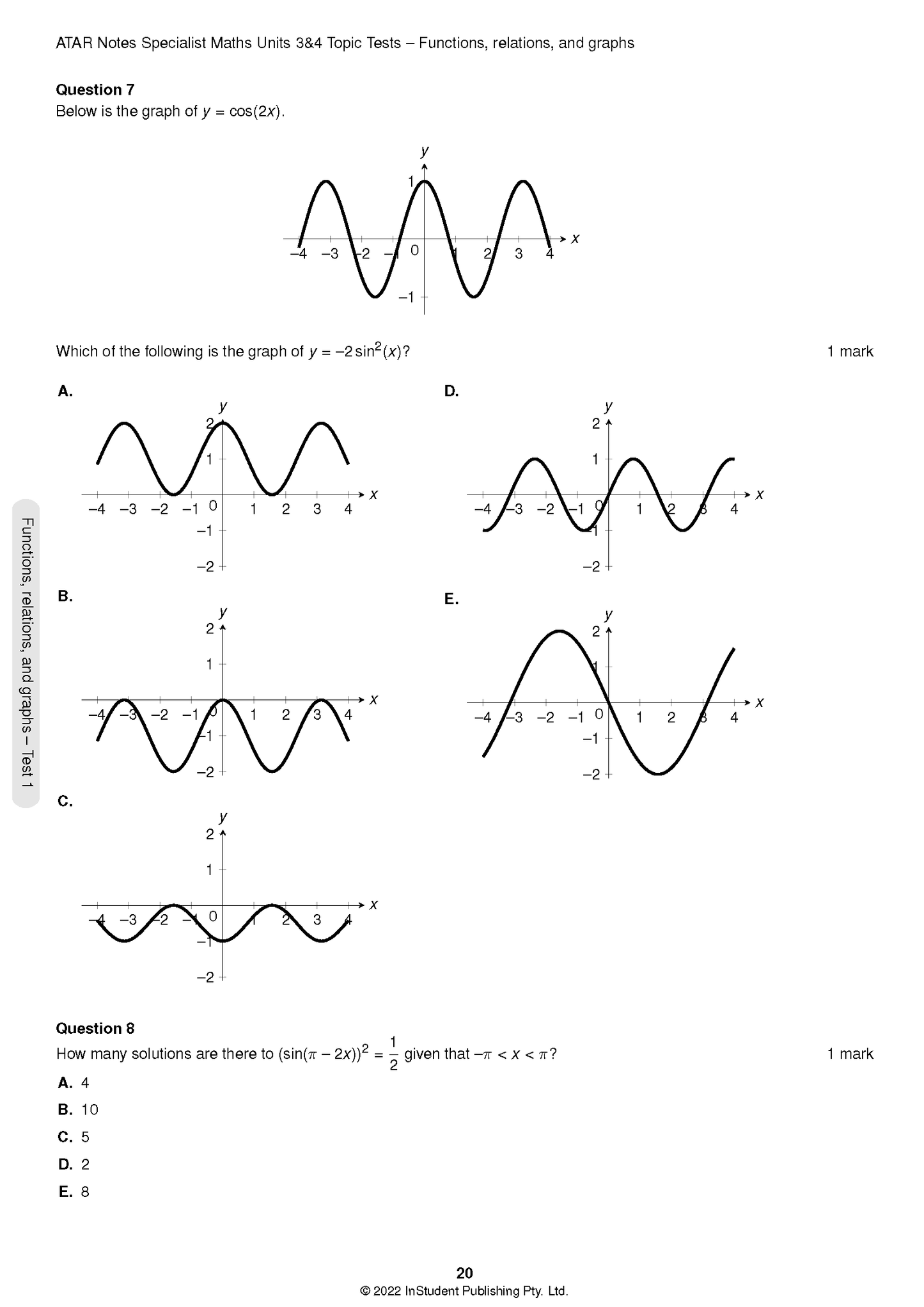 Specialist Maths Topic Tests by ATAR Notes, showing page 20 with trigonometric function graphs and equations.