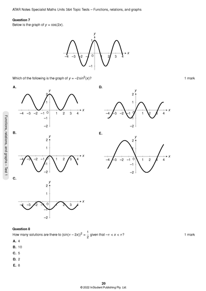 Specialist Maths Topic Tests by ATAR Notes, showing page 20 with trigonometric function graphs and equations.