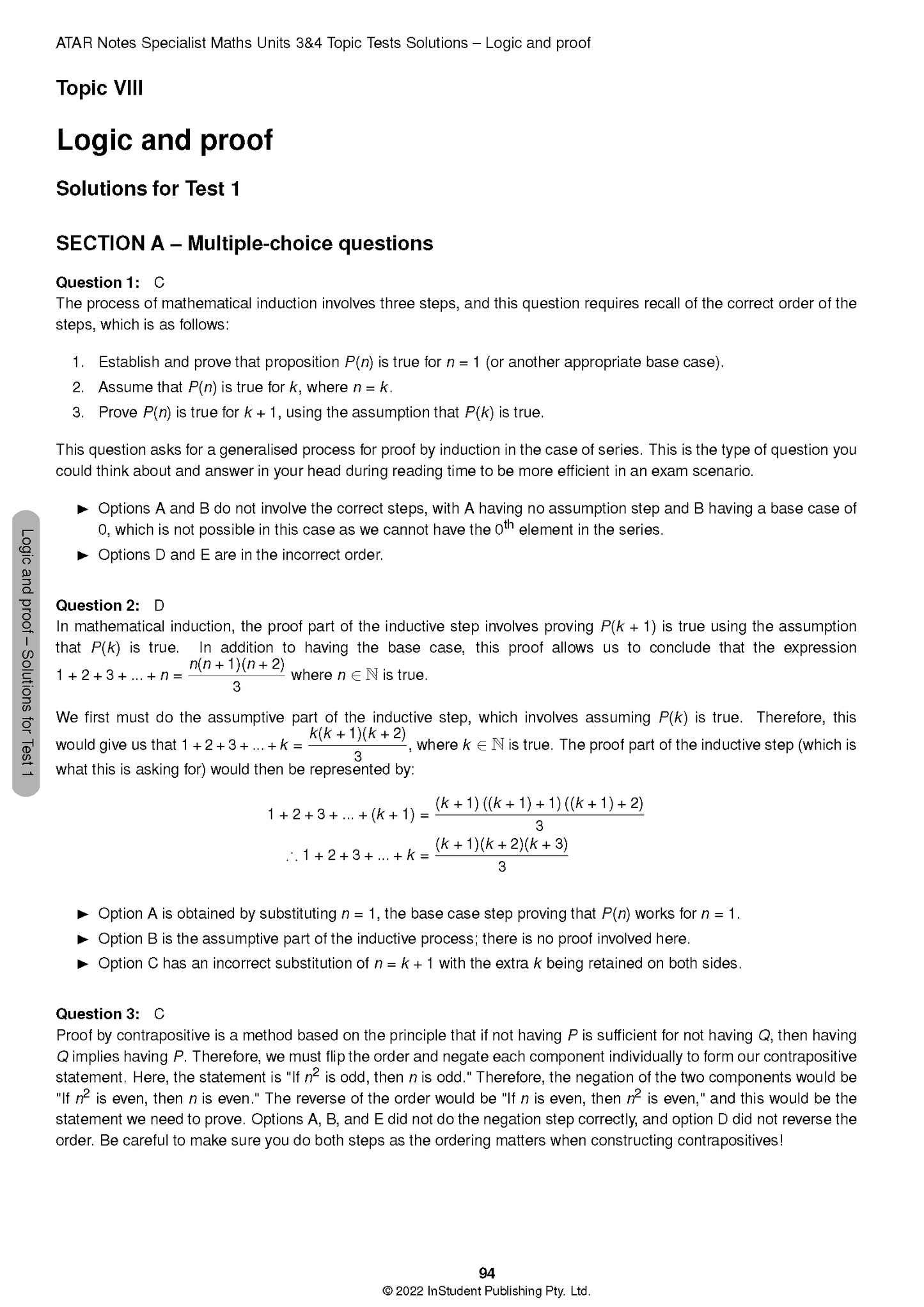 Maths Topic Tests Solutions by ATAR Notes, a white page displaying logic and proof problems and their solutions.