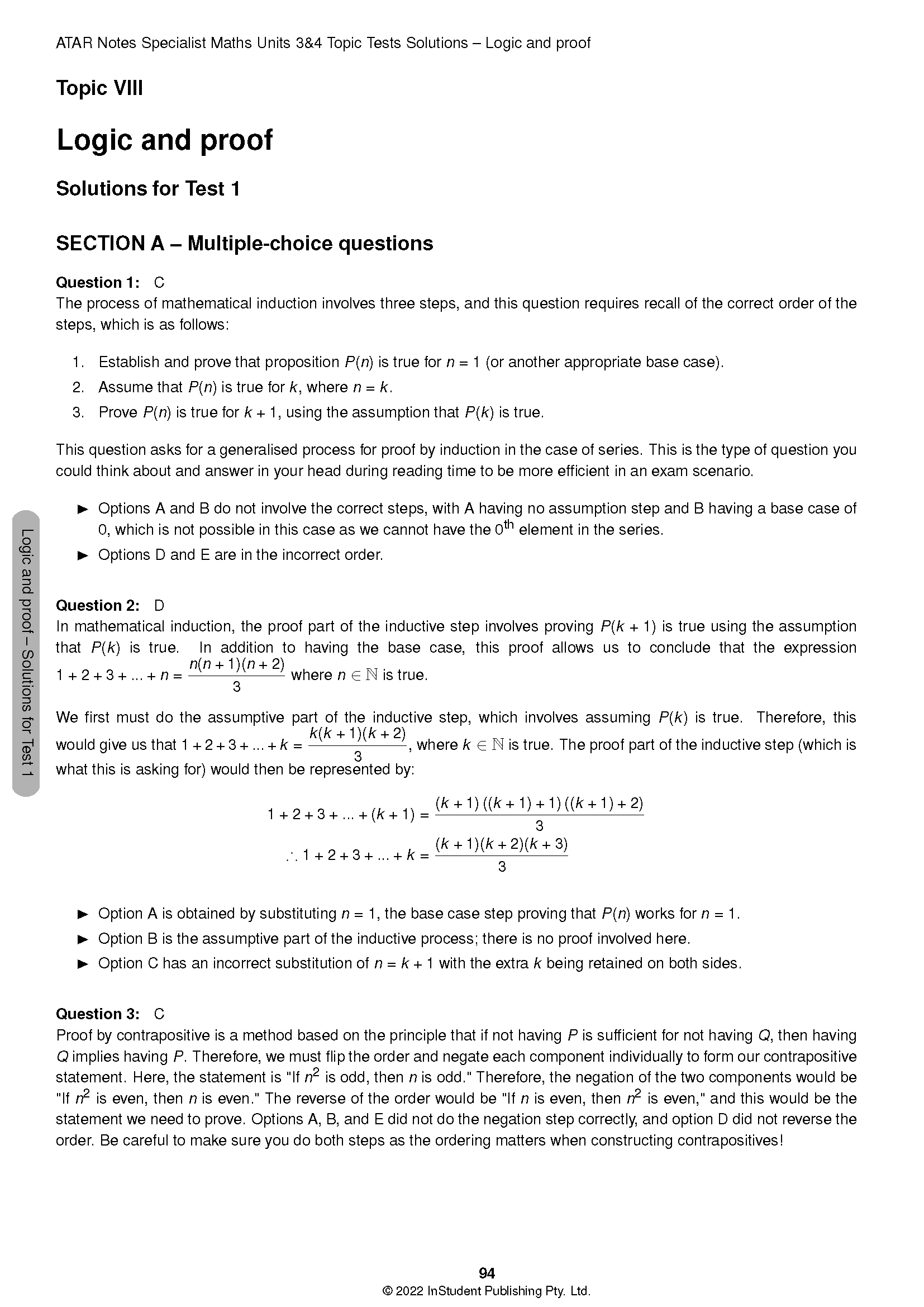 Maths Topic Tests Solutions by ATAR Notes, a white page displaying logic and proof problems and their solutions.