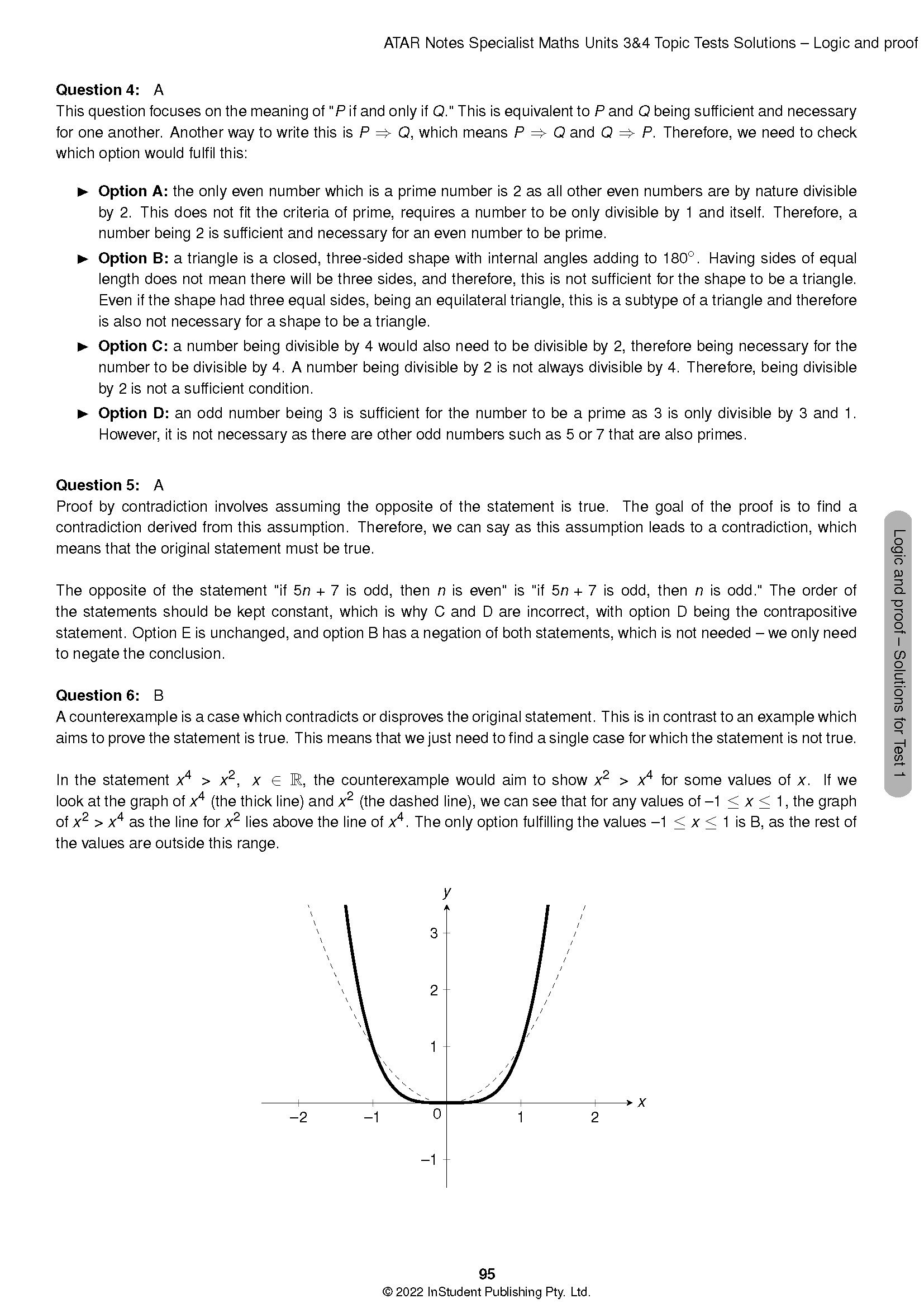 VCE Specialist Maths 3&4 Topic Tests by ATAR Notes, displaying detailed solutions and a graph of x^4 and x^2.