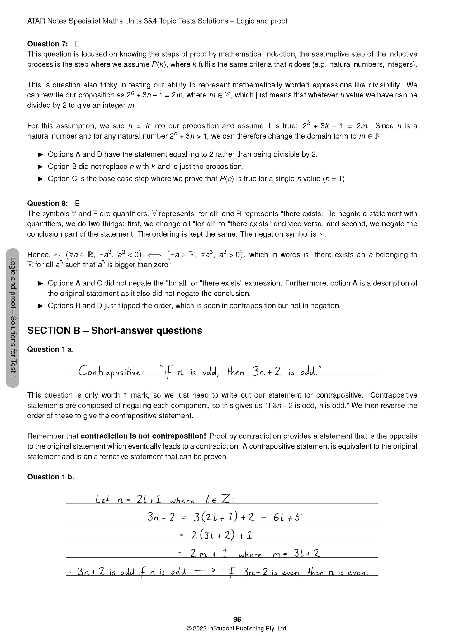 Specialist Maths topic tests solutions page by ATAR Notes, showing printed questions and handwritten mathematical solutions.