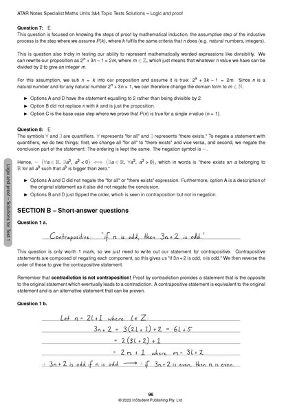 Specialist Maths topic tests solutions page by ATAR Notes, showing printed questions and handwritten mathematical solutions.