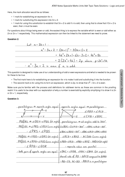 VCE Specialist Maths 3&4 Topic Tests by ATAR Notes, showing handwritten solutions and geometric proofs on a white test page.