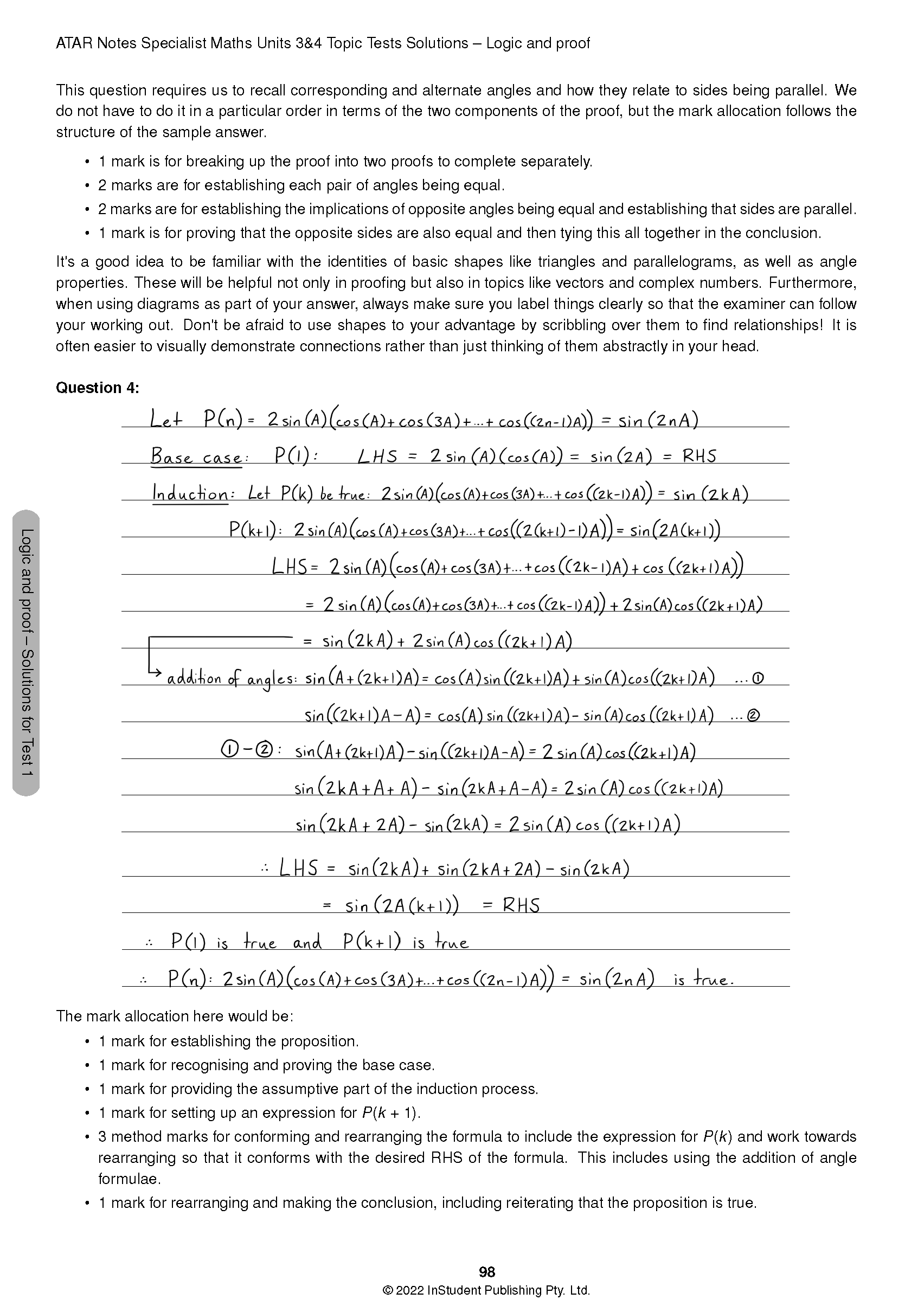 Topic Tests for VCE Specialist Maths 3&4 (2024-2026) by ATAR Notes, a page displaying handwritten Logic and Proof solutions and a mark allocation guide.