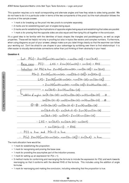 Topic Tests for VCE Specialist Maths 3&4 (2024-2026) by ATAR Notes, a page displaying handwritten Logic and Proof solutions and a mark allocation guide.